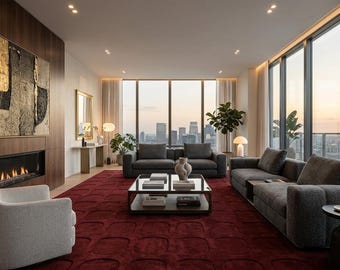 Tappeto in lana bordeaux trapuntato a mano, lussuoso tappeto rosso vino, moderno tappeto geometrico in rilievo