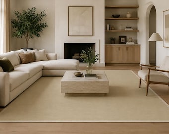 Tappeto in lana color crema trapuntato a mano, tappeto minimalista neutro, tappeto moderno scandinavo