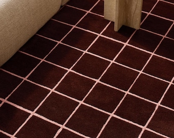 Tappeto a griglia bordeaux e rosa trapuntato a mano, tappeto moderno in lana, tappeto a scacchi, soggiorno minimalista