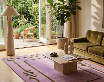 Tappeto in lana color lavanda trapuntato a mano, tappeto moderno con bordo geometrico, tappeto di lusso rosa lilla