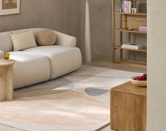 Hand-Tufted Beige Wool Area Rug | Modern Abstract Geometric Carpet, Neutral Tones