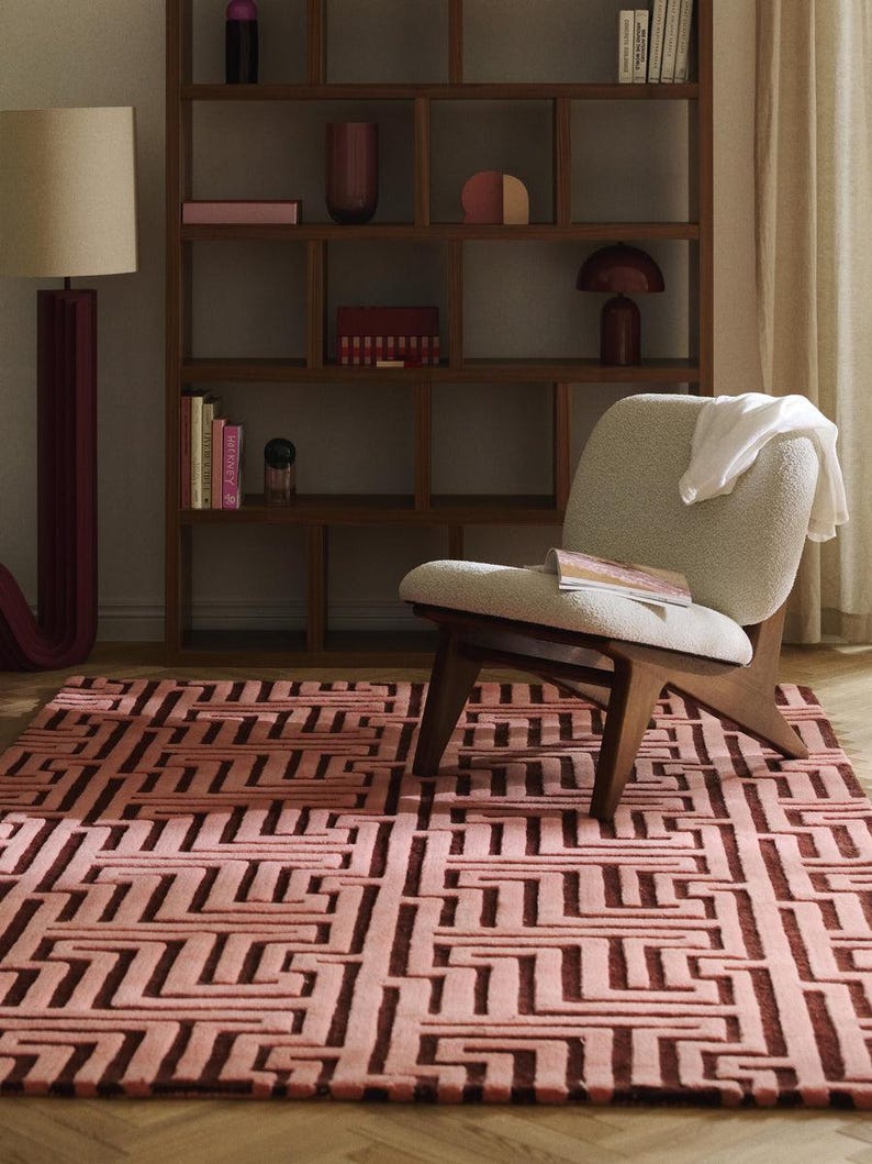 Hand Tufted Pink Wool Geometric Rug, Scandinavian Boho Living Room Carpet image 1
