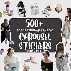 Może przedstawiać: Kolaż estetycznych obrazów, w tym ludzi, napojów i akcesoriów. Centralnym elementem jest ciemnoszary prostokąt z napisem "500+ SCRAPBOOK-AESTHETIC CAROUSEL STICKERS". Otaczające obrazy obejmują kawę, matchę i elementy mody.