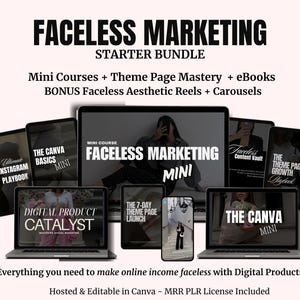 Peut inclure: Un ensemble de marketing numérique avec le texte Faceless Marketing Starter Bundle, Mini Courses, Theme Page Mastery, eBooks et Bonus Faceless Aesthetic Reels and Carousels. Inclut divers écrans d'ordinateurs et tablettes affichant les titres.