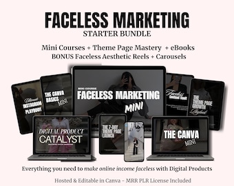 May include: A digital marketing bundle featuring the text Faceless Marketing Starter Bundle, Mini Courses, Theme Page Mastery, eBooks, and Bonus Faceless Aesthetic Reels and Carousels. Includes various laptop and tablet screens displaying course titles.