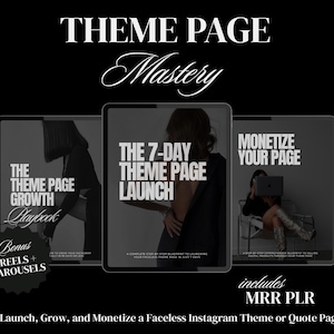 May include: Three digital guide covers titled THE THEME PAGE GROWTH PLAYBOOK, THE 7-DAY THEME PAGE LAUNCH, and MONETIZE YOUR PAGE. The black background features white text including BONUS REELS + CAROUSELS, INCLUDES MRR PLR, and THEME PAGE MASTERY.