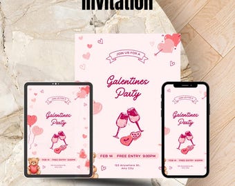 Galentines Party Invitation Template | Editable Galentine’s Day Invite | Pink  | Canva Template | Instant Download