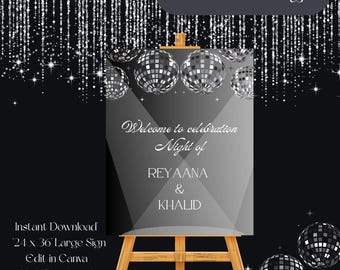 Disco Ball Wedding Welcome Sign, Modern Black Silver Party Decor (24x36) (Digital Download)