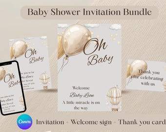 Editable Baby Shower Invitation Bundle | Welcome Sign, Thank You Card (Digital Download)