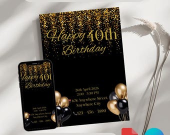 Black & Gold 40th Birthday Invitation | Editable Canva Template (Digital Download
