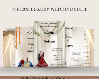 Luxury Wedding Invitation Suite, Baraat Walima Mehndi RSVP Bundle (Digital Download)