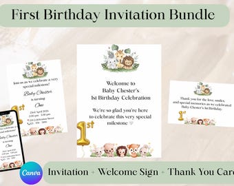 Safari Animals 1st Birthday Invitation Bundle | Canva Editable (Digital Download)