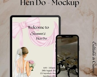 Pink Bow Hen Do Invitation Template, Coquette Bridal Shower Invite (Editable Canva)