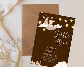 Teddy Bear Gender Reveal Invitation | Moon Theme, Editable Canva (Instant Download)