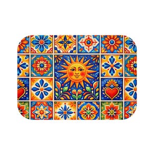 Warm Sun Tile Pattern Bath Mat | Colorful Floral Mexican Talavera Tiles