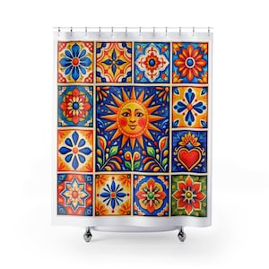 Colorful Sun Talavera-Inspired Tile Shower Curtain | Mexican Mosaic Pattern Bathroom Decor