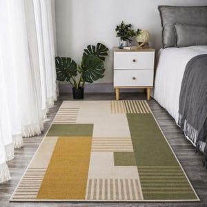 Modern Geometric Area Rug with Square & Stripe Pattern | Beige Green Mustard Carpet | Minimalist Living Room Bedroom Rug