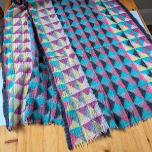 May include: A rectangular scarf featuring a repeating geometric triangle pattern in vibrant shades of turquoise, magenta, yellow, and charcoal gray. The fabric has a soft, fuzzy texture with frayed edges along the sides and a dark gray border.