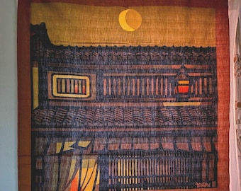 Clifton Kahru wood block cotton furoshiki wrap. Vintage Japan 1980s