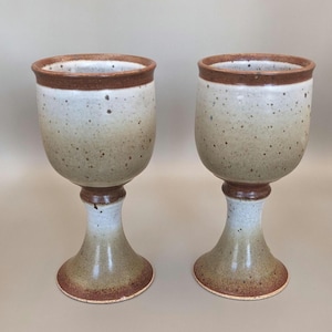 Stoneware Wine Goblets (2) Robert Alewine Pottery, Speckled Gray w BrownTrim