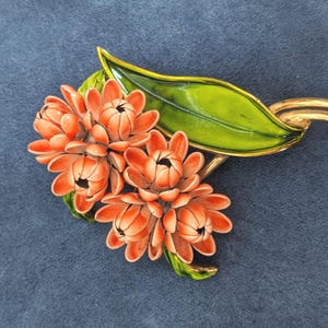 May include: A floral brooch featuring orange flowers with black centers, a green leaf, and gold-tone metal accents. The brooch is set against a dark blue background, showcasing its vibrant colors and intricate design.