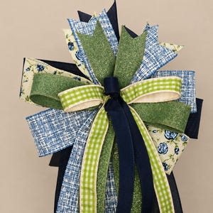 Blue Green Gingham Door Bow 12 Inch Wired Ribbon Topper Farmhouse Country Style Wreath Lantern Decor
