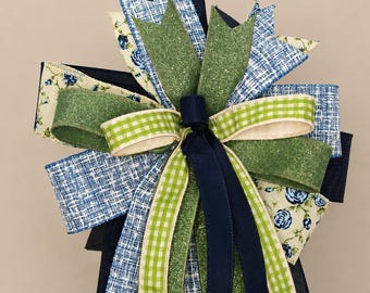 Charming Blue and Green Gingham Door Bow 12 Inch Topper Wired Ribbon Layers Farmhouse Country Style Wreath or Lantern