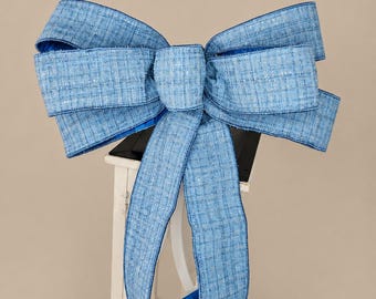 Blue Tweed Ribbon Bow Subtle Shimmer Blue Powder Blue Woven Ribbon Lantern Topper Door Decor Wreath Accent