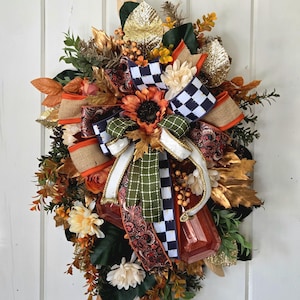 Luxury Fall Swag with Checkered Bow Florals Jewel Accents Paisley Ribbon Autumn Front Door Farmhouse Glam Decoration