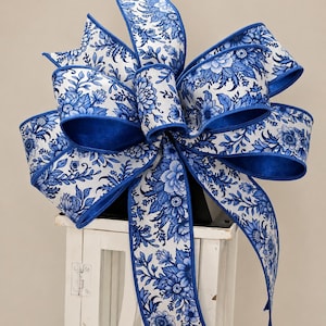 Handmade Blue Chinoiserie Floral Wired Ribbon Bow | Navy White Farmhouse Wreath Topper for Front Door