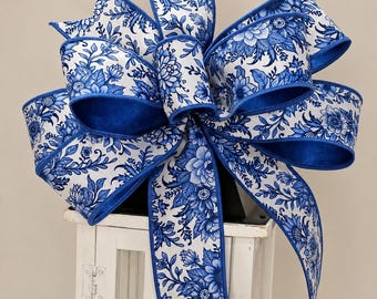 Blue Chinoiserie Floral Wreath Bow Handmade  wired ribbon bow  farmhouse decor accent  navy and white ribbon  front door wreath topper