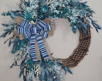 Ocean Blue Grapevine Wreath for Front Door, 24 inch, Beach Nautical Decor, Coastal Farmhouse Style, Teal Ribbon Bow