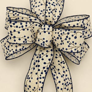 Neutral Farmhouse Ribbon Bow | Navy Berry Pattern | 12 Inch Wired Lantern & Wreath Accent for Front Door Seasonal Decor