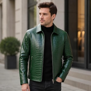 Men's Green Crocodile-Embossed Genuine Leather Jacket Zip-Up Biker Fashion Coat