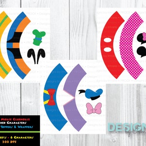 May include: Brightly coloured paper cutouts for cupcake toppers and wrappers, inspired by Mickey Mouse Clubhouse characters. Designs include Pluto, Minnie Mouse, Donald Duck, and Goofy. The image also includes text that says "Mickey Mouse Clubhouse Inspired Characters Cupcake Toppers & Wrappers".
