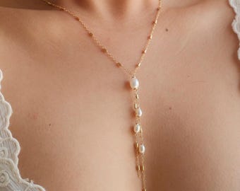 Dangly Pearl Chain Bridal Necklace | Y-Drop Lariat Pearl Necklace, Asymmetrical Freshwater Pearl Wedding Necklace, Bridal Jewelry