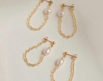 Freshwater Pearl Chain Earrings, 18Kt Gold Plated, Dainty Everyday Minimalist Jewelry, Chain Stud Back Earring