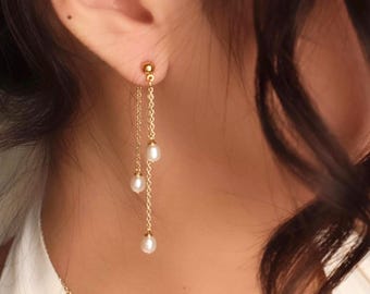 Delicate Dangly Pearl Earrings, Front Back Chain Dangle Earrings, Wedding Raindrop Earrings, Minimal Petite Pearl Droplet Earrings