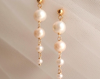 Pendientes cortos modernos de perlas colgantes / Pendientes minimalistas de perlas de agua dulce graduadas V1 / Pendientes colgantes de perlas para novias / Joyería nupcial para novias