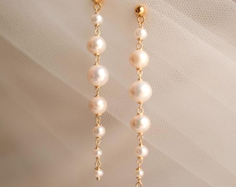 Pendientes largos modernos de perlas colgantes / Pendientes llamativos de perlas de agua dulce de tamaño gradual / Pendientes colgantes de perlas para novias / Joyería nupcial para la novia
