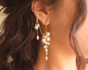Full Bloom Ear Cuff Bridal Set | Pearl Cluster Wisteria Earrings, Freshwater Pearl Bridal Earrings, Cascading Wedding Earring Set