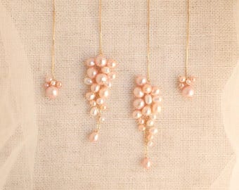 Full Bloom Threader Bridal Set | Champagne Pink Pearl Cluster Wisteria Earrings, Freshwater Pearl Bridal Earrings, Cascading Wedding Earring