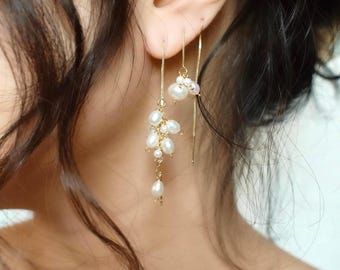 Bridal Pearl Wisteria Earrings Set, Baby Bloom Flower Wisteria Earrings, Pearl Cluster Cascading Earrings, 14K GF Threaders, Bridal Set