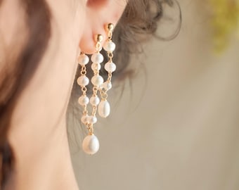 Draped Bridal Pearl Drop Stud Earrings | Freshwater Pearl Front Back Studs, Romantic Wedding Jewelry, Bridal Pearl Drape Stud Earrings