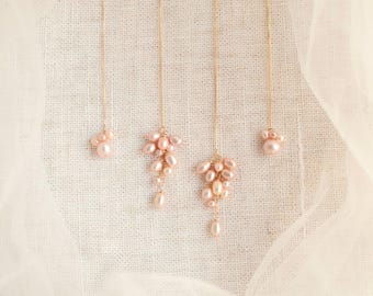 Pink Champagne Baby Bloom Threader Set | Freshwater Pearl Bridal Cluster Earrings, Cascading Wedding Earring Set