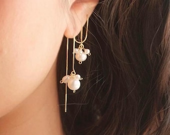 Bud Drop Threader Bridal Set | Pearl Cluster Wisteria Earring Threaders, Dainty Cascading Wedding Earring Set
