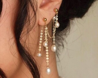Dainty Dangly Pearl Chain Drape Earrings, Double Piercing Bridal Earrings, Elegant Freshwater Pearl Earrings, Double Sided Dangle Earrings