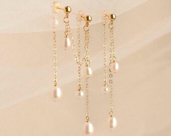 Pendientes colgantes de perlas delicadas, pendientes de novia de doble perforación, elegantes pendientes de perlas de agua dulce, pendientes colgantes de doble cara