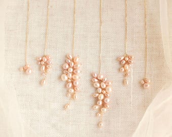 Champagne Pink Pearl Wisteria Threader Set | Freshwater Pearl Bridal Cluster Earrings, Cascading Wedding Earring Set