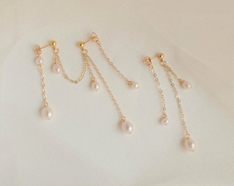 Dainty Dangly Pearl Drape Earrings, Double Piercing Bridal Earrings, Front Back Chain Dangle Earrings, Wedding Raindrop Earrings